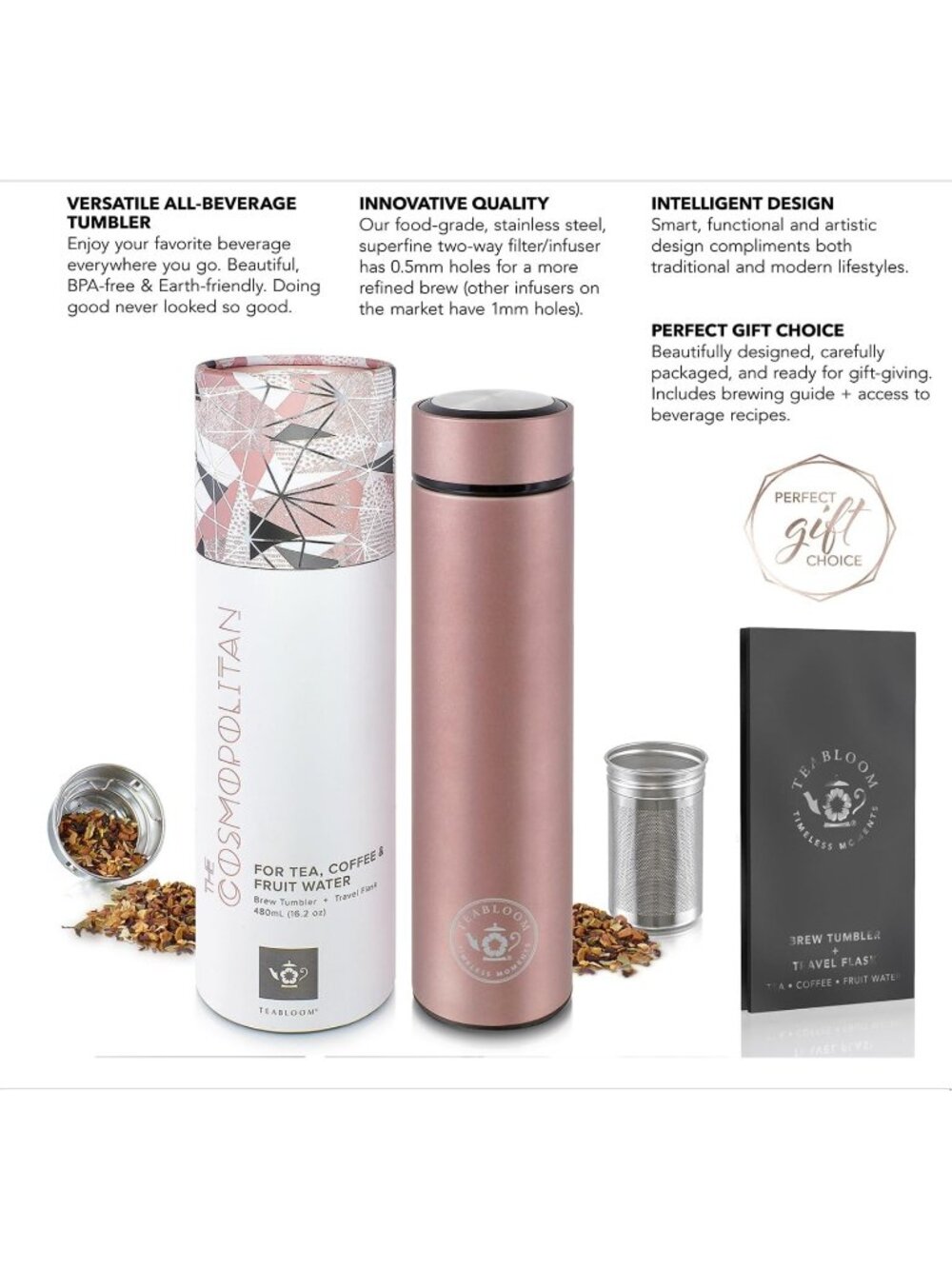 Teabloom - The ORIGINAL All-Brew Travel Tumbler & 16 Ounces, Rose Gold